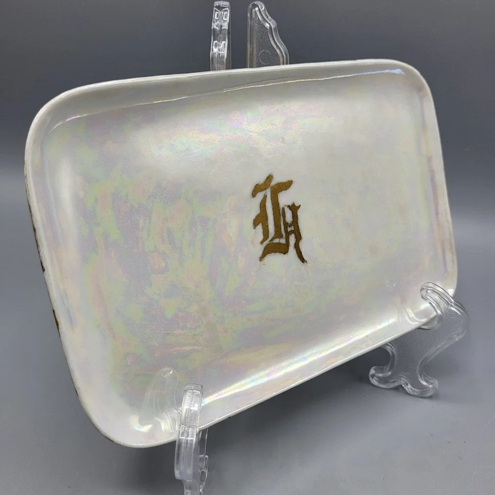 Vintage Limoges Trinket Dish Iridescent Gold Monogram Luster Tray White 6.75x4.5